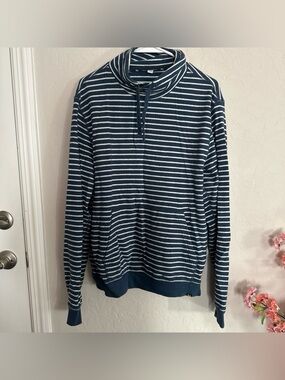 Men's Navy and White Striped Turtleneck Pullover Sweater